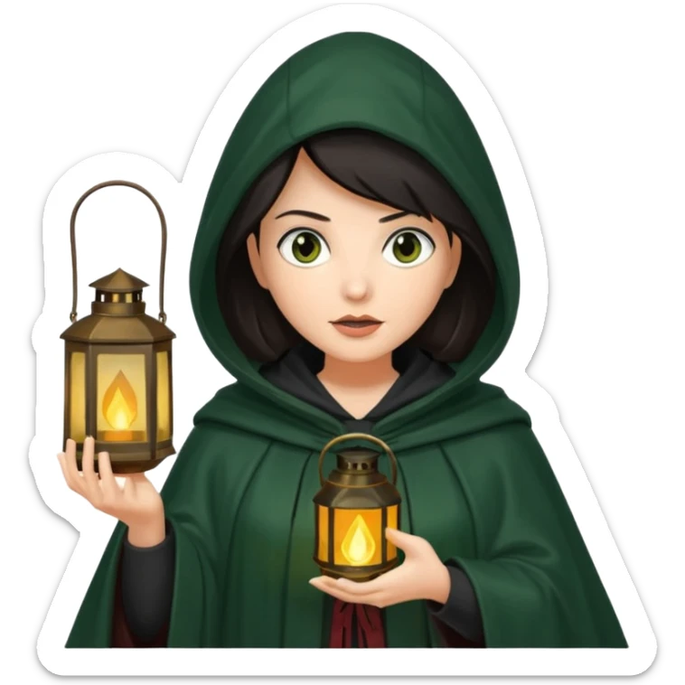 traitor tv show, dark haired woman wearing dark green cloak with hood up who looks evil and is holding up a lantern sticker