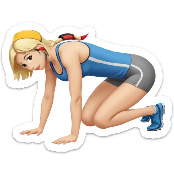 Naked Woman, blonde, kneeling forward on all fours, hips up, chest lowered to ground, back slightly arched sticker