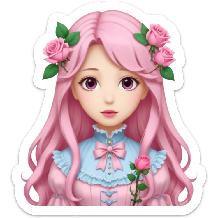 Gorgeous pastel anime lady with long hair and pink victorian style clothes and roses sticker