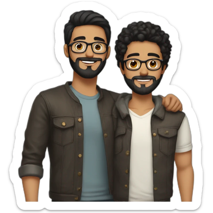 Gay couple of a 32 years old Colombian man with beard and black hair and brown holding hand with a man, 21 years old, NO BEARD, with glasses sticker
