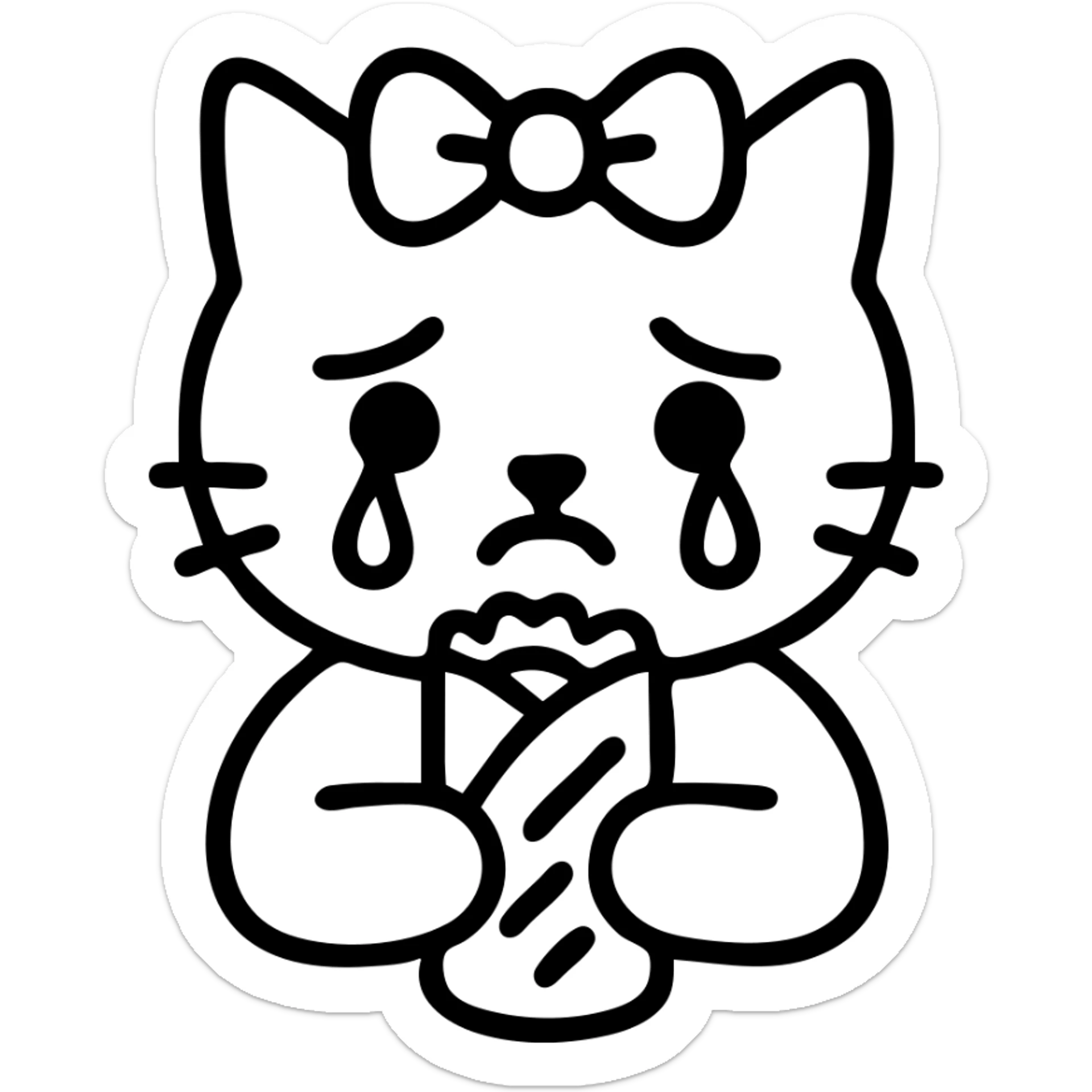 teary-eyed white cat holding a dürüm, pale pink ribbon on head, icon style sticker