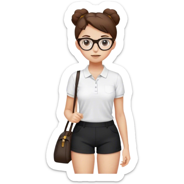 pretty girl white glasses side view white polo black shorts brown hair in a bun, white bag sticker