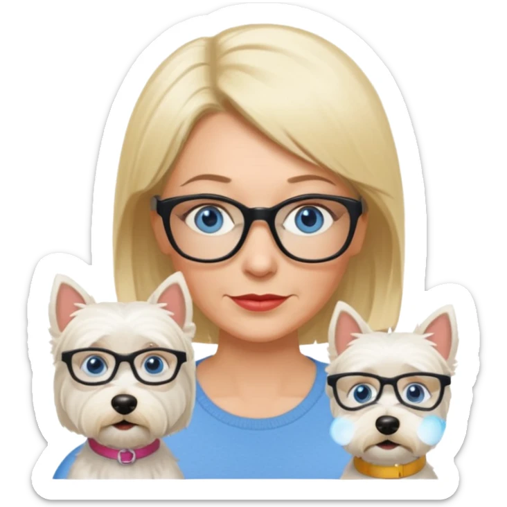 white woman blue eyes glasses middle aged blonde bob funny with westie sticker