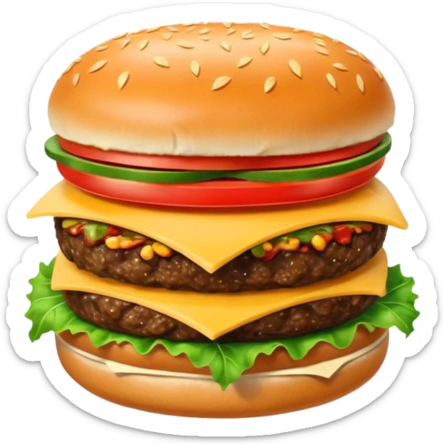 Generar hamburguesa de pan color café con semillas hemp encima del pan, con carne, tomate, lechuga, queso, piña dentro de ella sticker