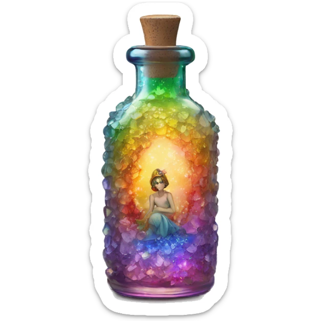 Antique oil bottle made of crystal glass of all delicate colors of the rainbow, a living flower fairy sits at the bottom of the bottle sticker