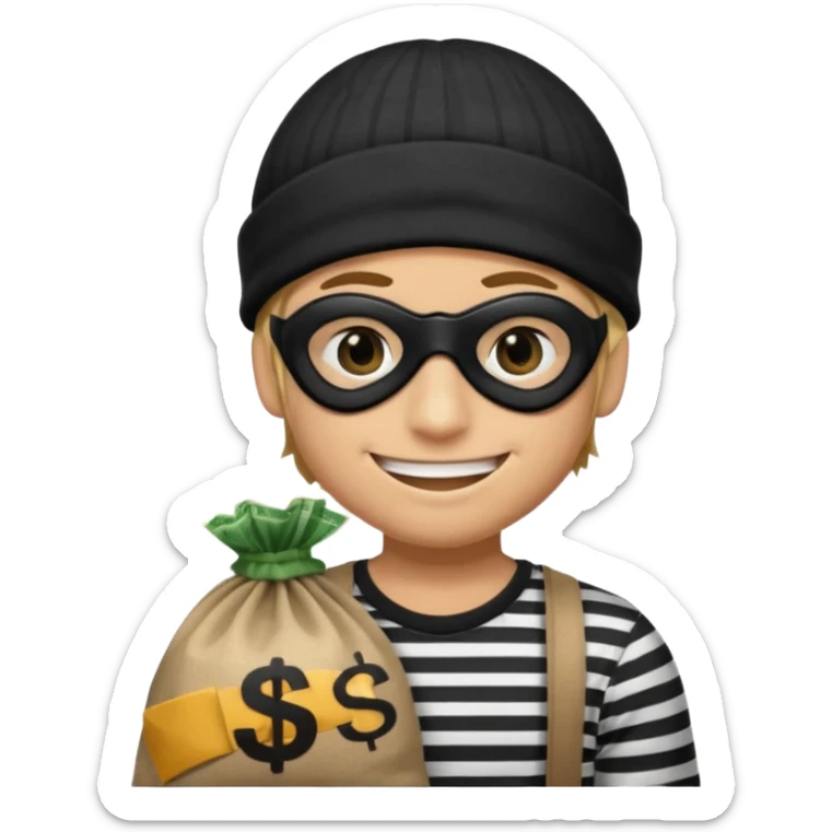 smiley robber wears black eye mask, black beanies and black and white stibes shirt with one brown money bag beside him sticker