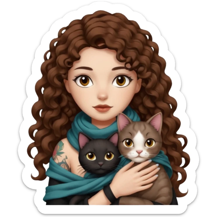 bust woman long curly brown hair brown eyes white skin tattoos with black cat wrapped around shoulders like scarf sticker