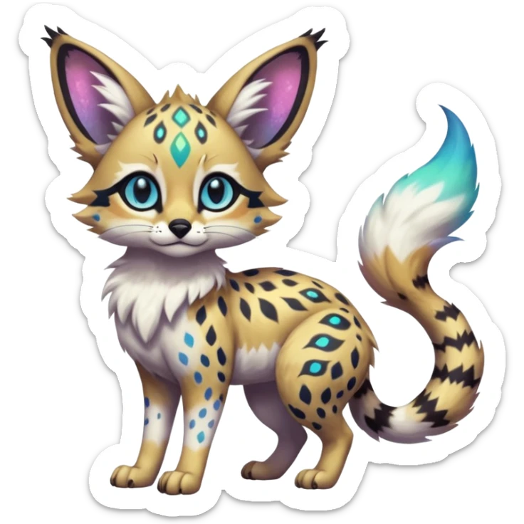 Rare iridescent white exotic epic aesthetic colorful Trico-Eevee-Serval-Genet-Civet-species-Fakemon-hybrid-creature, with intricate tattoo markings, full body sticker