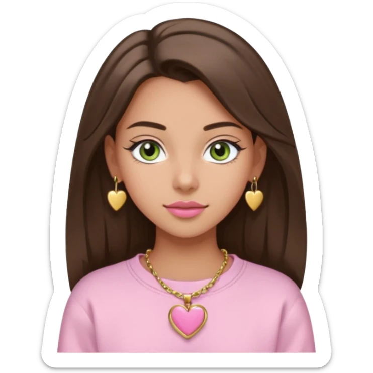 Create a teen girl wearing a light pink sweatshirt. She will have brunette hair, tan skin, pink lips, and grey-green eyes. She has long eyelashes. She is wearing gold stud earrings and a gold necklace with a heart-shaped pendant. sticker