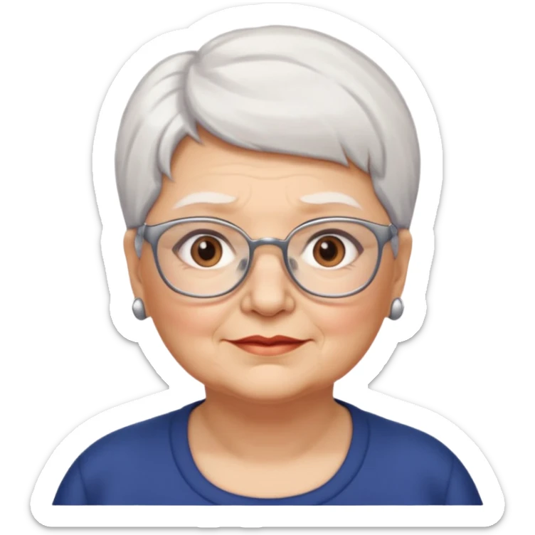 Create me emoji of an old mid-fat lady. Short white hair to left side. Square glasses. Brown eyes. No earings sticker