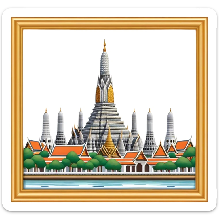 Cinematic Realistic Wat Arun Landmark Emoji, depicting the towering temple spires adorned with intricate porcelain mosaics sticker