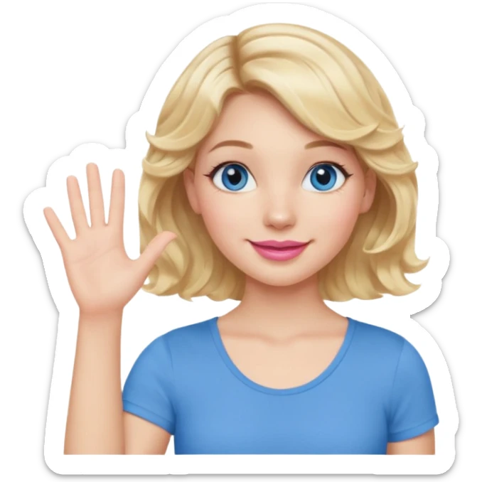 Girl Blonde short wavy hair,  blue eyes, cute blue top, long lashes, pink lips, smiling, one hand palm up sticker