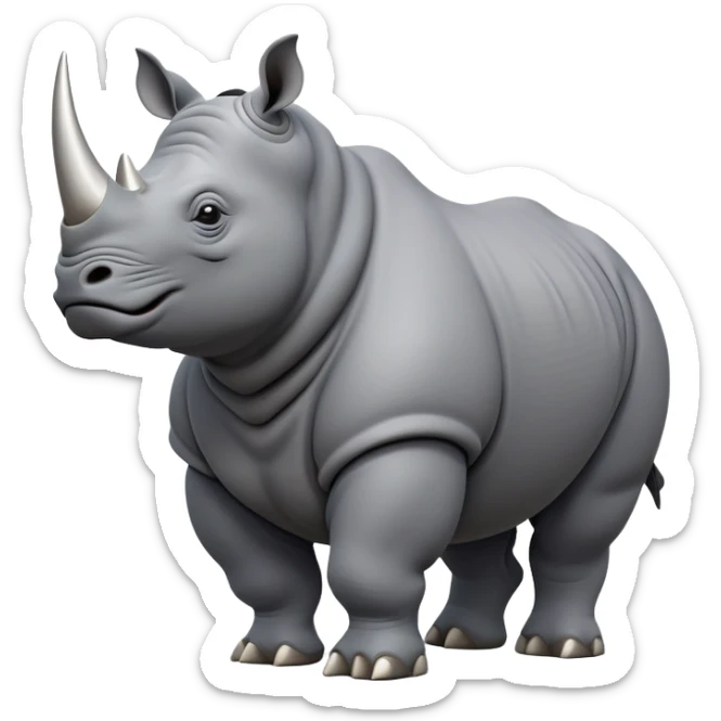 cinematic-rhino-full-body-standing-emoji,slate grey skin -massive-body-poised-powerfully,-thick-horn-curving-slightly-forward,-head-tilted-dramatically,-rough-grey-hide-covered-in-dust,-simplified-focused-features, sticker