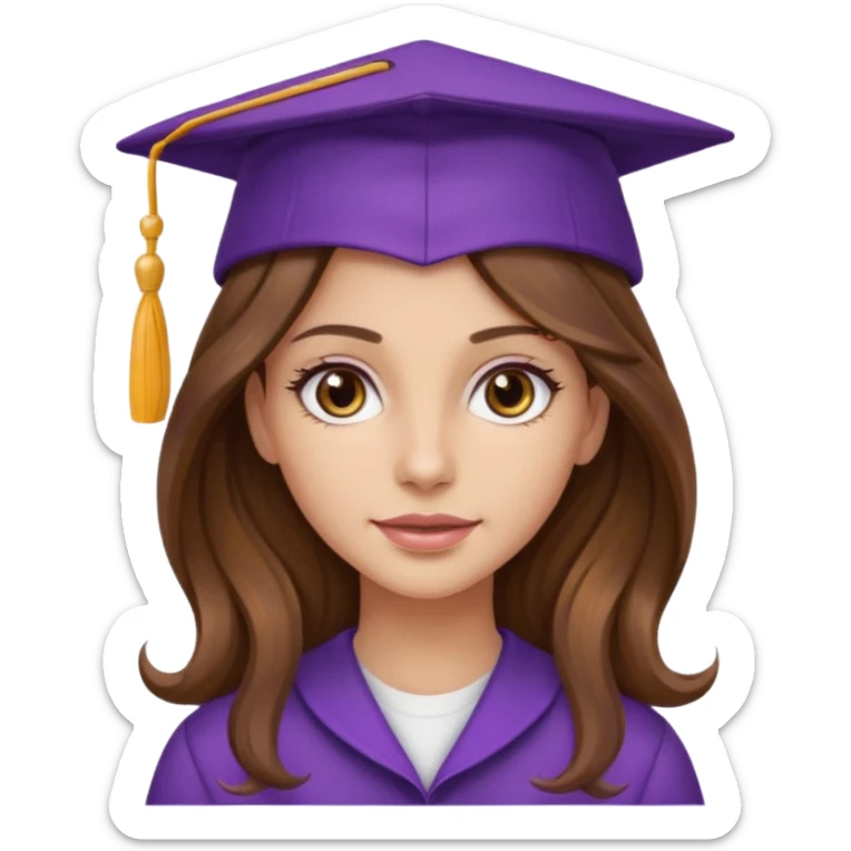 beautiful  woman normal skin with more wavy long brown with higlight  hair and hazel eyes with purple school hat sticker