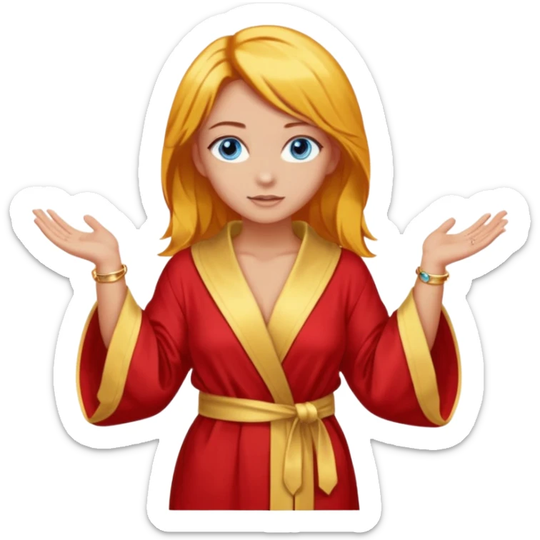 lightly tanned skin, blue eyes, cute and sexy girl with bright yellow-brown hair in a few shades of red robe, golden rings, slight cute makeup, full body, slightly turned aside pose, hands hidden behind back sticker