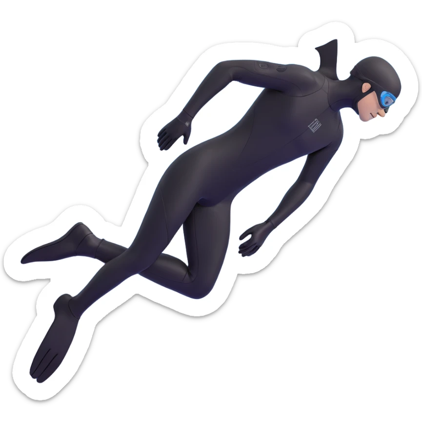 3D emoji style freediver in a black wetsuit, side view, diving downward with long black fins, black gloves, and black goggles covering the face. Arms at sides, five fingers on each hand visible, no face details, black or deep sea background sticker
