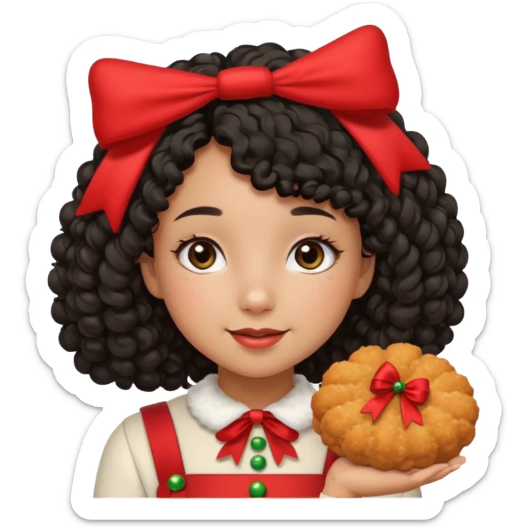 cute girl tan skin, curly black hair chin length, middle part, long eyelashes, cute cheeks, 5'2, outfit croquette style with bows and christmas theme, happy,  sticker
