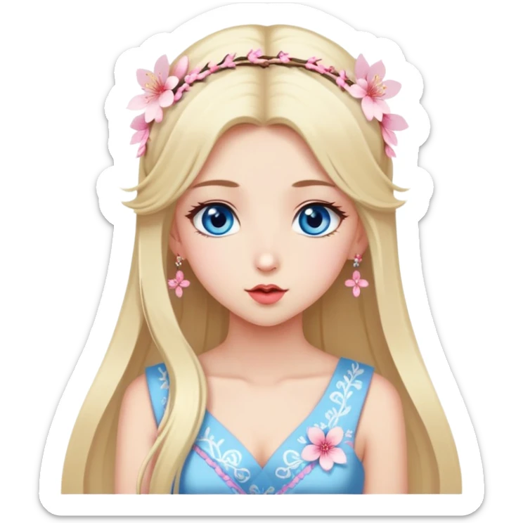 Turkish Girl with long blond hair and sakura accessories on her hair with a long tailed sakura dress on the ground and have blue eyes beautiful finish and she sending lovely kisses  sticker