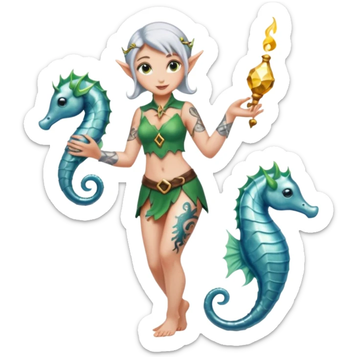 female elf in shimmering pareo, releasing glowing seahorse. Ankle tattoos sticker