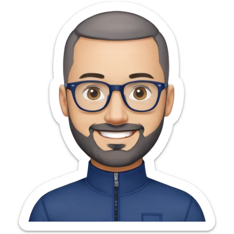 Smiling 40-year-old man with light skin, buzzcut-style very short black hair, gray beard, black glasses, wearing a navy blue athletic zip-neck long sleeve shirt sticker