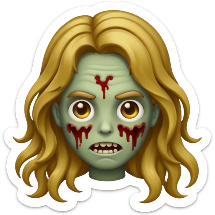 Make a zombie emoji with wavy hair castanho com golden streaks,e cabelo longo sticker