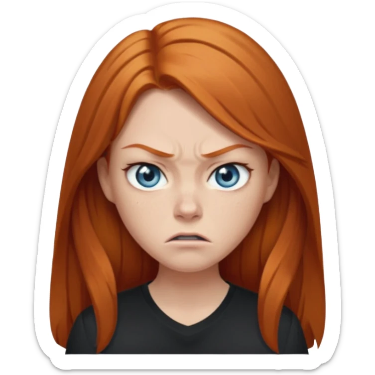 Ginger head woman with long hair and lightblue eyes, straight nose, almond eyes, black shirt. She is angry  sticker