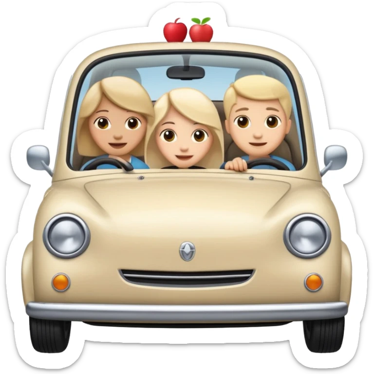 a small car with five happy people inside, all peeking out from the side of the car, in apple standard emoji style, unified cute style sticker