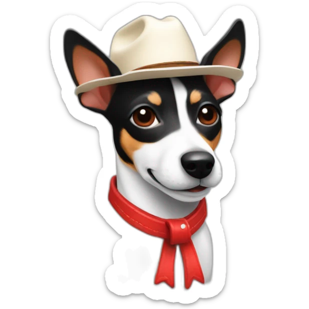 rat terrier wearing a cowboy hat and red collar smiling no brown (black and white) sticker
