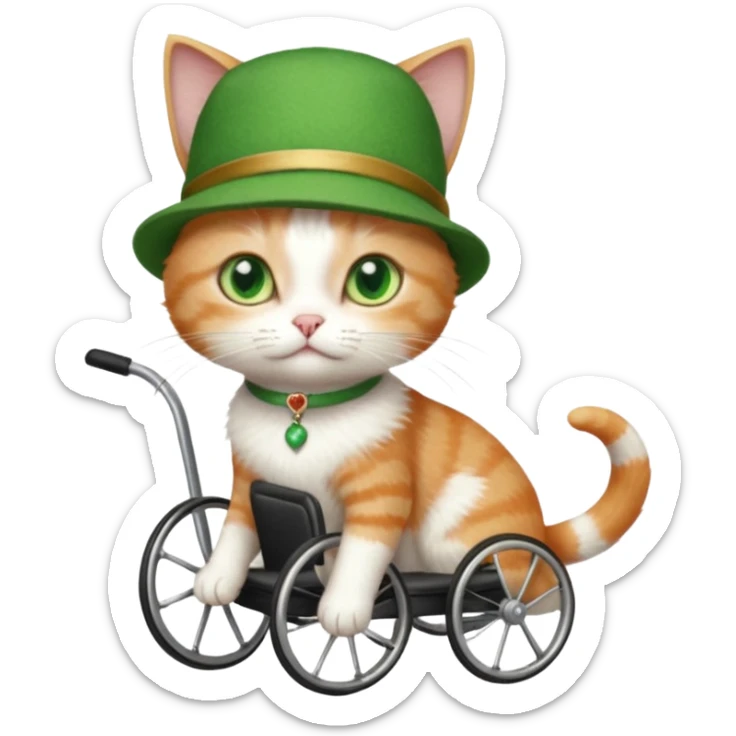 full body small short hair ginger and white cat with green eyes walking in a wheelchair for cats sticker