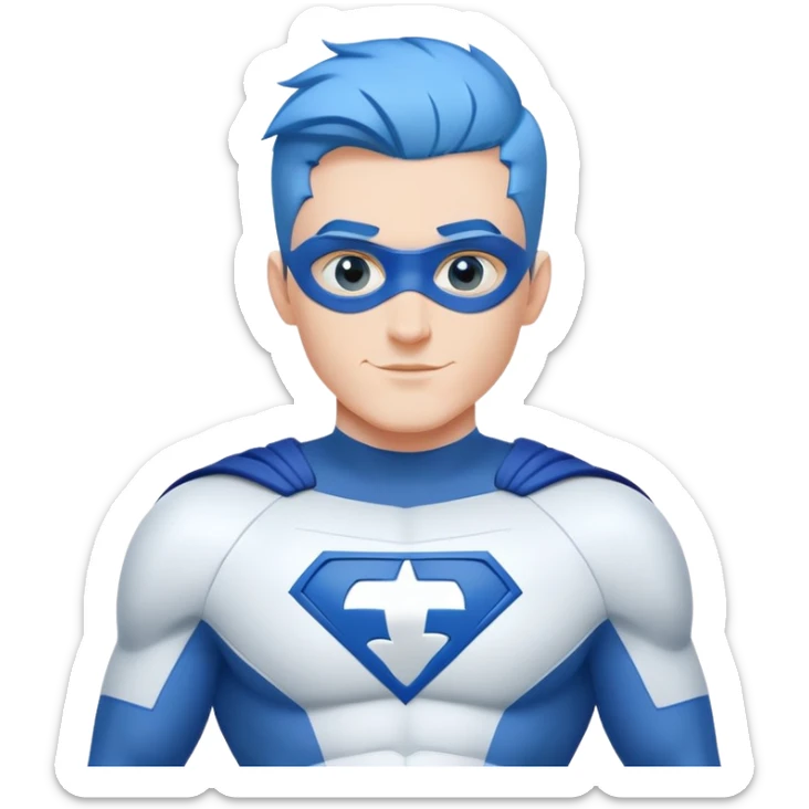 Emoji of a friendly, clean-shaven man with blue hair, wearing a minimalist blue and white superhero suit. The suit has a large blank area on the chest for a logo, uses only blue and white colors, and has minimal details. Cheerful expression sticker