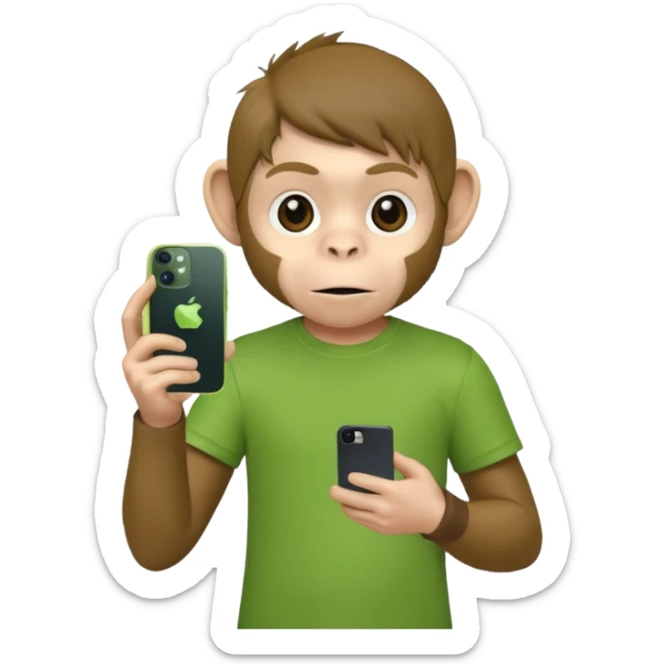 Un singe qui est habillé comme un garçon et qui a un iPhone 12 mini et qui a un t-shirt vert  sticker