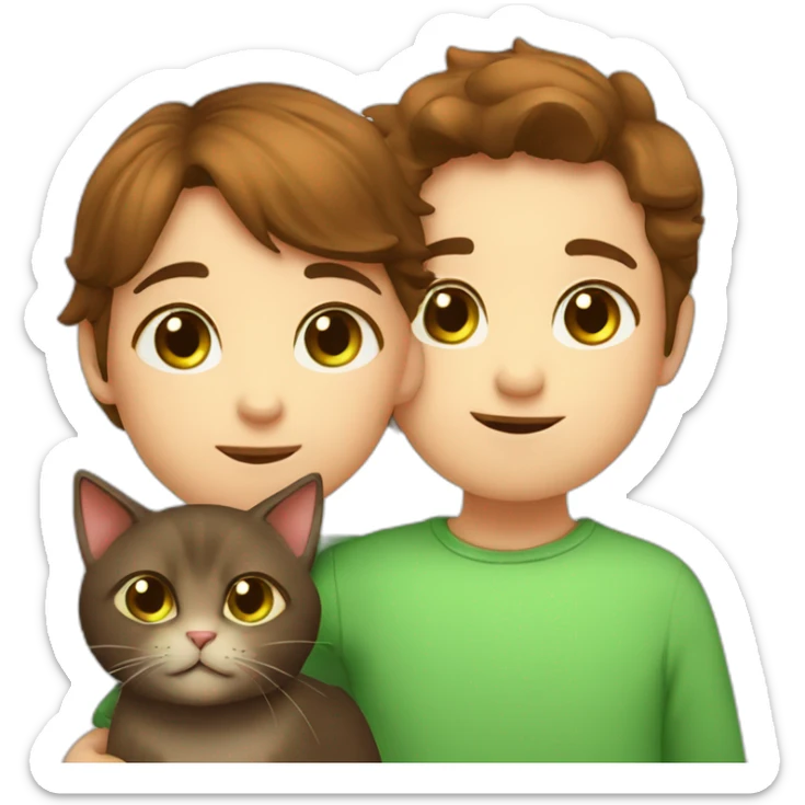 Girl with brown eyes and brown hair kisses boy with brown hair and green eyes and hugs brown fat cats sticker