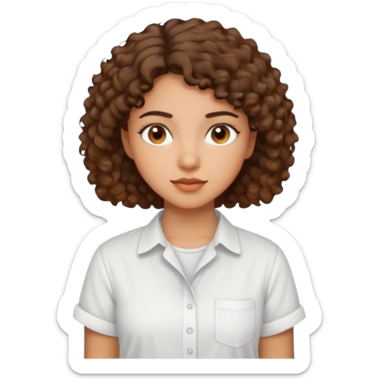 A Latina girl with brown eyes and short curly hair with a white shirt sticker
