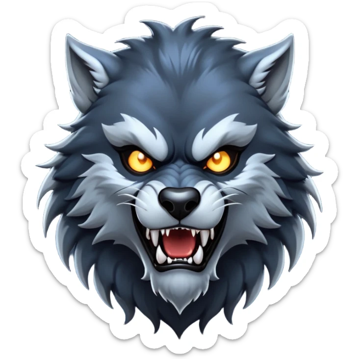 cinematic-noble-fierce-werewolf-portrait-emoji, poised-and-imposing, with a tall, slender, muscular frame, fur rippling in shades of midnight black and silver, eyes glowing with an intense, primal ferocity, reflecting the untamed power of the wild moonlit night; rendered with realism sticker