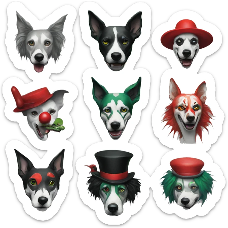 Green gray black red dog joker clown facepaint tattoos punk lurcher surrealism  sticker