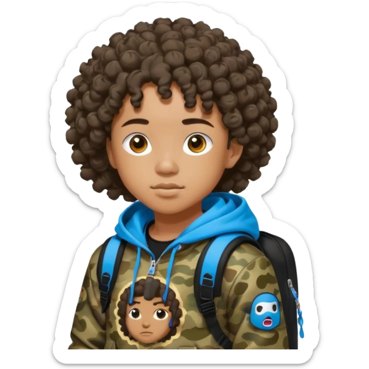 blasian teenager with curly hair, and bape x sprayground hoodie and sprayground backpack sticker