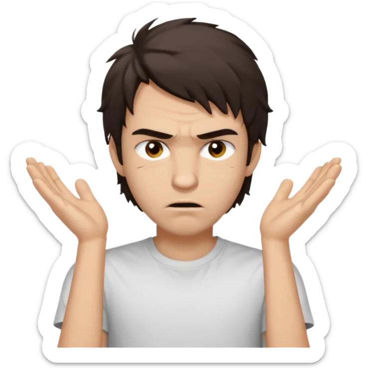 A young man with the appearance of dark brown hair of medium length, uncombed, covering the forehead and ears. • Large brown eyes with a slightly angry look. • Light skin, full lips, neutral facial expression. • Dressed in a light T-shirt (white) with the inscription UNTERWENS sticker