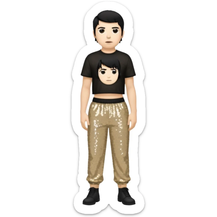 Chino Moreno with black hair, black sequin crop top, beige sequin baggy pants sticker