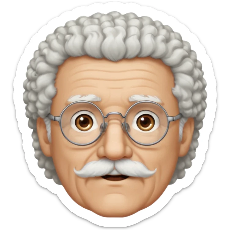 An elderly man emoji fluffy curly white hair, brown eyes behind black-framed glasses, a narrow pointed face, and a thin straight white mustache above his mouth. sticker