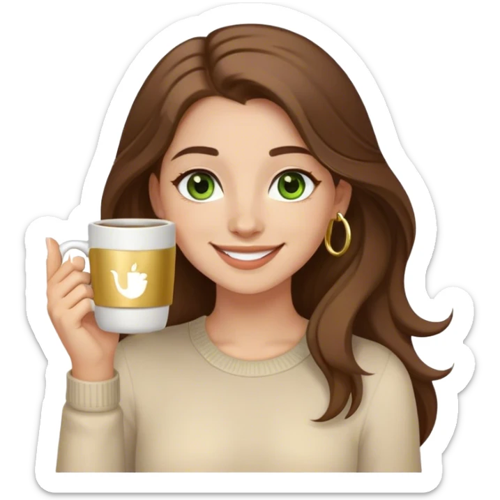 Long, Brown haired girl with middle hair part, green eyes, gold hoop nose ring, smiling, waving with one hand, coffee mug in the other sticker
