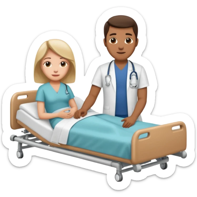 husband in plainclothes sitting beside hospital bed of wife sticker