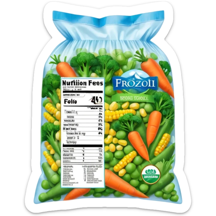 A colorful plastic bag of frozen mixed vegetables (peas, carrots, corn, and broccoli) with a bright label showing freshness and nutrition info. The bag surface has light frost and condensation. Placed in a freezer display section with other frozen food packs around it, real-life grocery store look. sticker