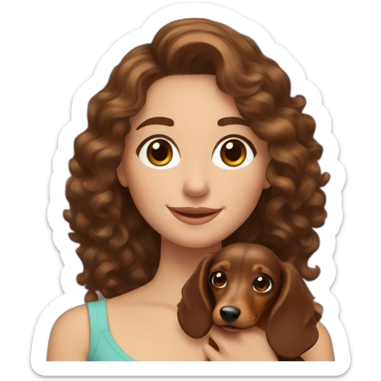 Young lady long curly brown hair smiling and brown eyes with long eyelashes and holding a dachshund  in her arms sticker
