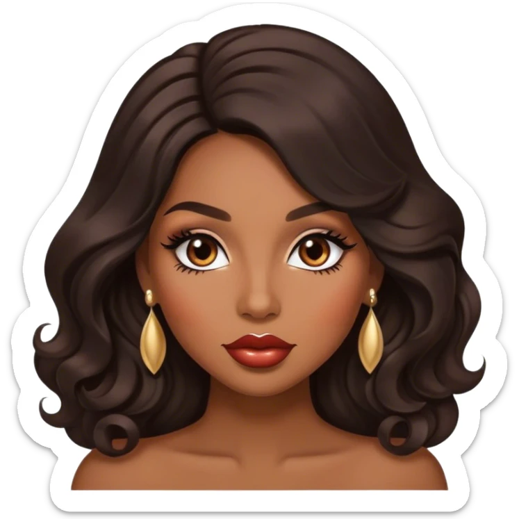 Glamourous, brown skin tone, very beautiful woman, with big plump lips, long long lashes, black wavy long hair, brown eyes sticker