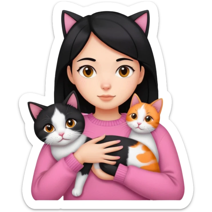 girl with black hair holding a tri-colored cat (black, orange, white) wearing a pink sweater sticker
