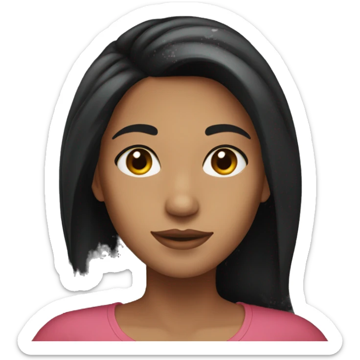 Black-haired woman with long hair, brown eyes, showing a heart sticker