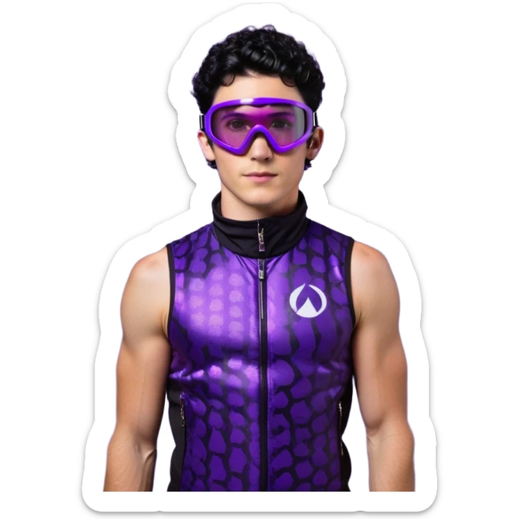 male athlete with white skin and moderately curly black hair on top with shaved sides, wearing ski goggles with purple frames and very dark black lenses, a simple plain black chain necklace, and a completely unzipped sleeveless vest with purple and black sequin fire pattern design with no logo or brand emblem, fully revealing his chest, shoulders and arms, no earrings sticker