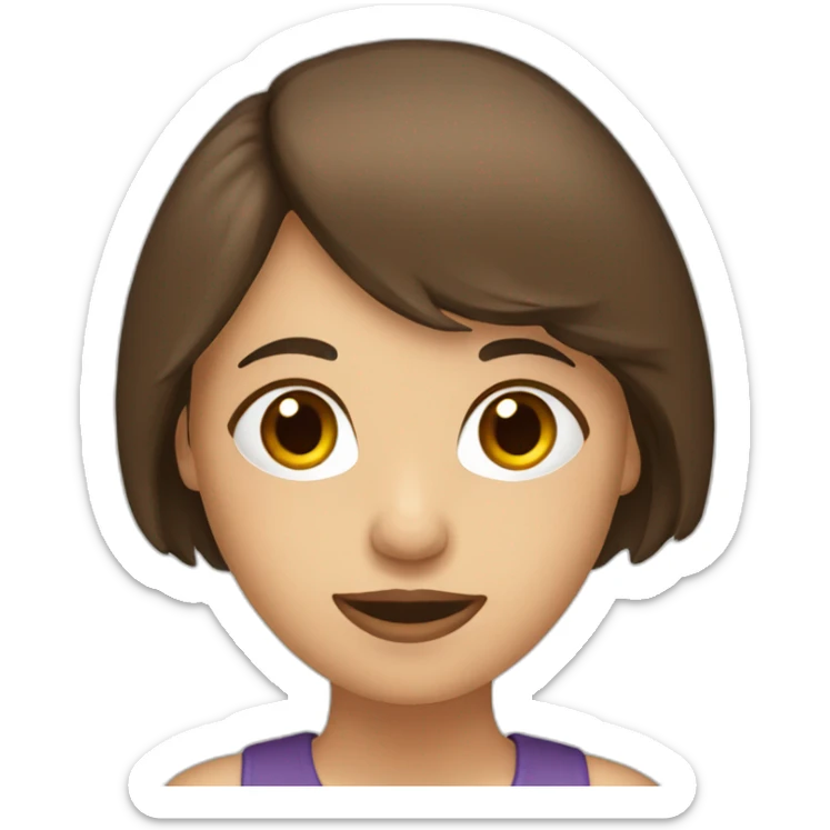 an adult girl with brown hair and a shoulder-length bob. there's a question mark behind her sticker