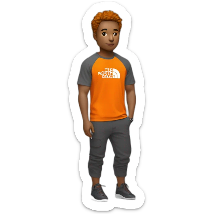 Un ado blanc avec un blowout taper et un t shirt thé North face orange et une chaîne sticker