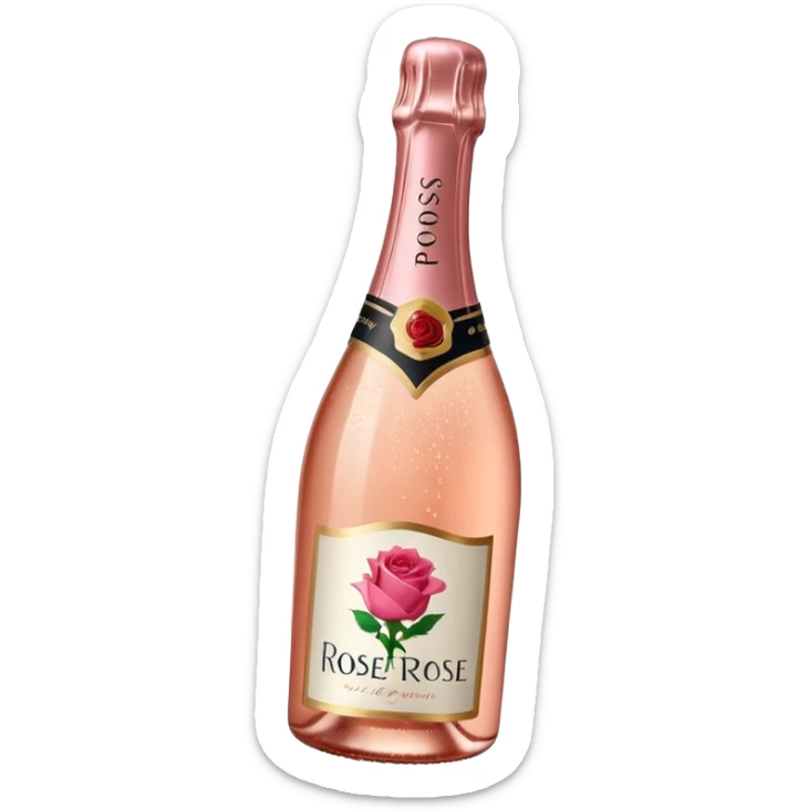 bottle of sparkling rosé champagne with a rose logo on the label, tilted up and to the left, no glass sticker